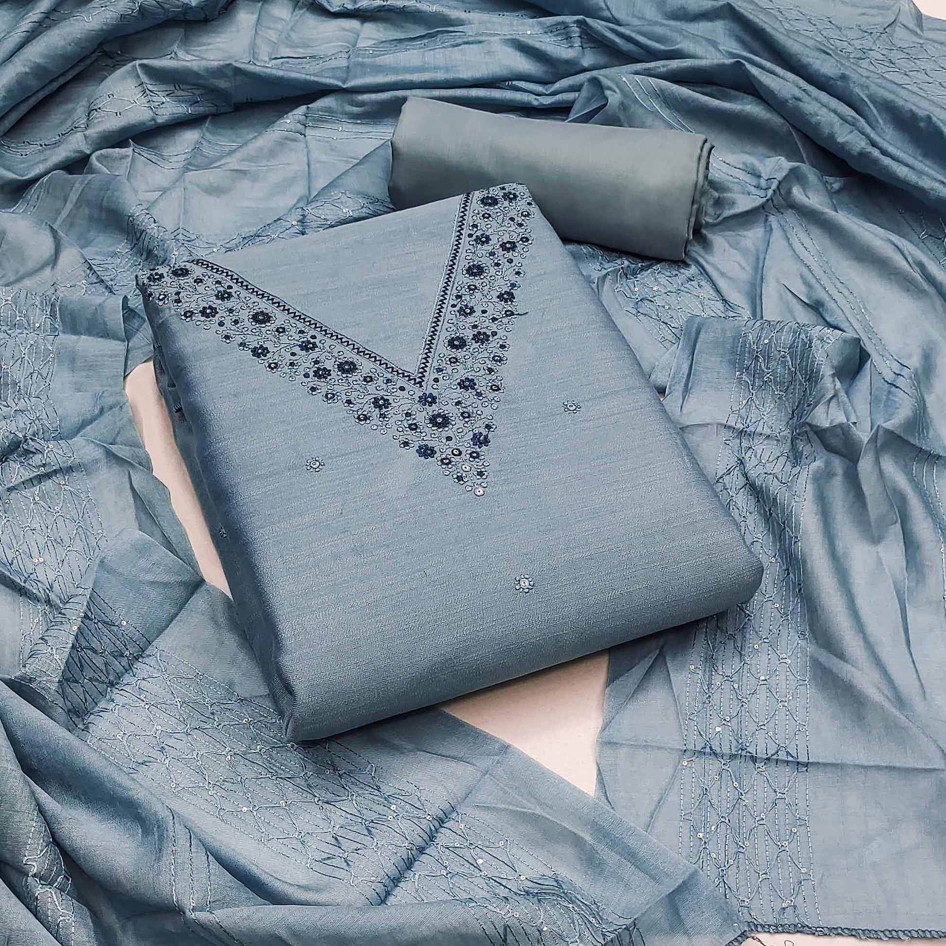Bluish Grey Embroidered Cotton Blend Dress Material