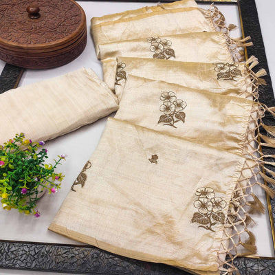 Cream Floral Embroidered Assam Silk Saree With Tassels