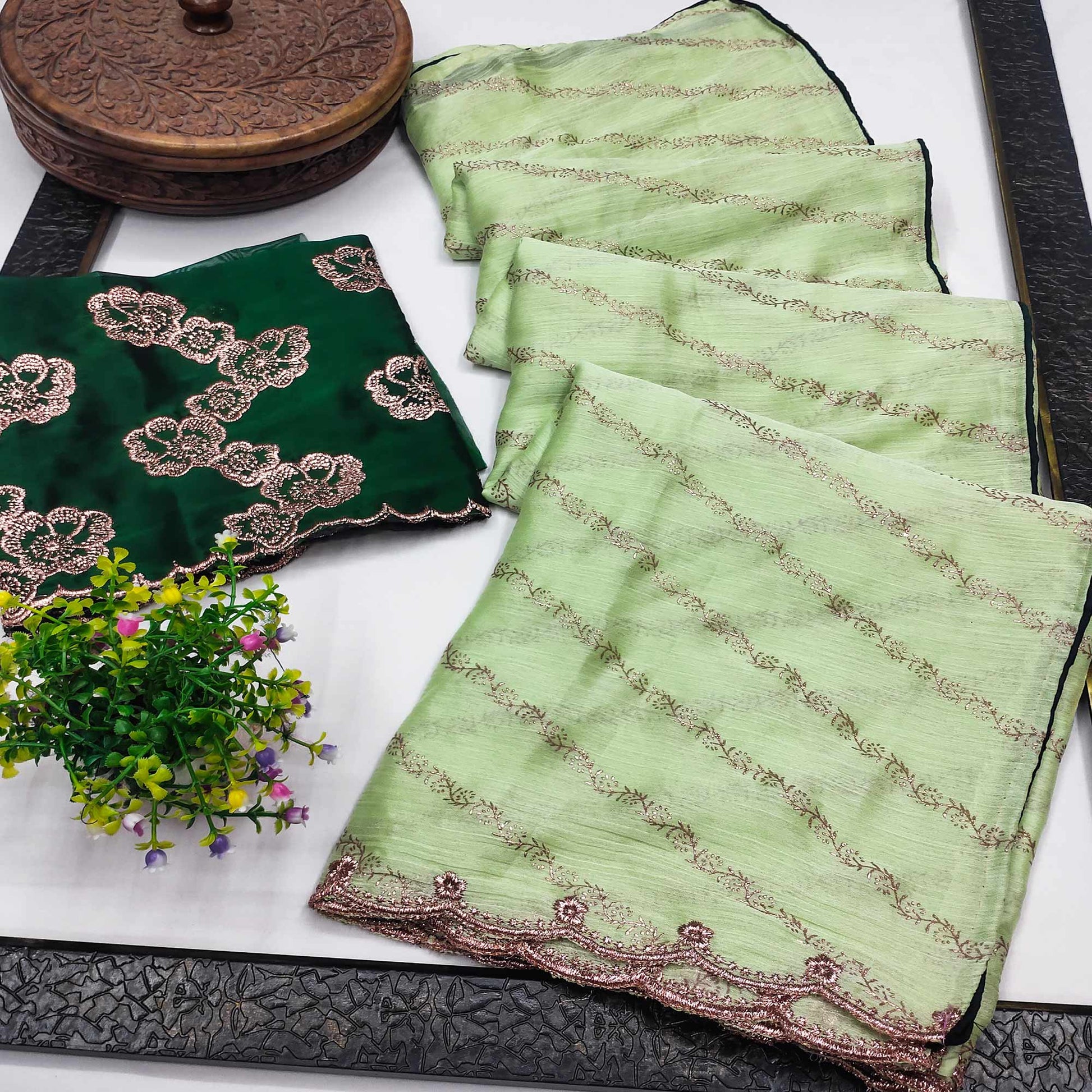 green-foil-printed-chiffon-saree-with-embroidered-border