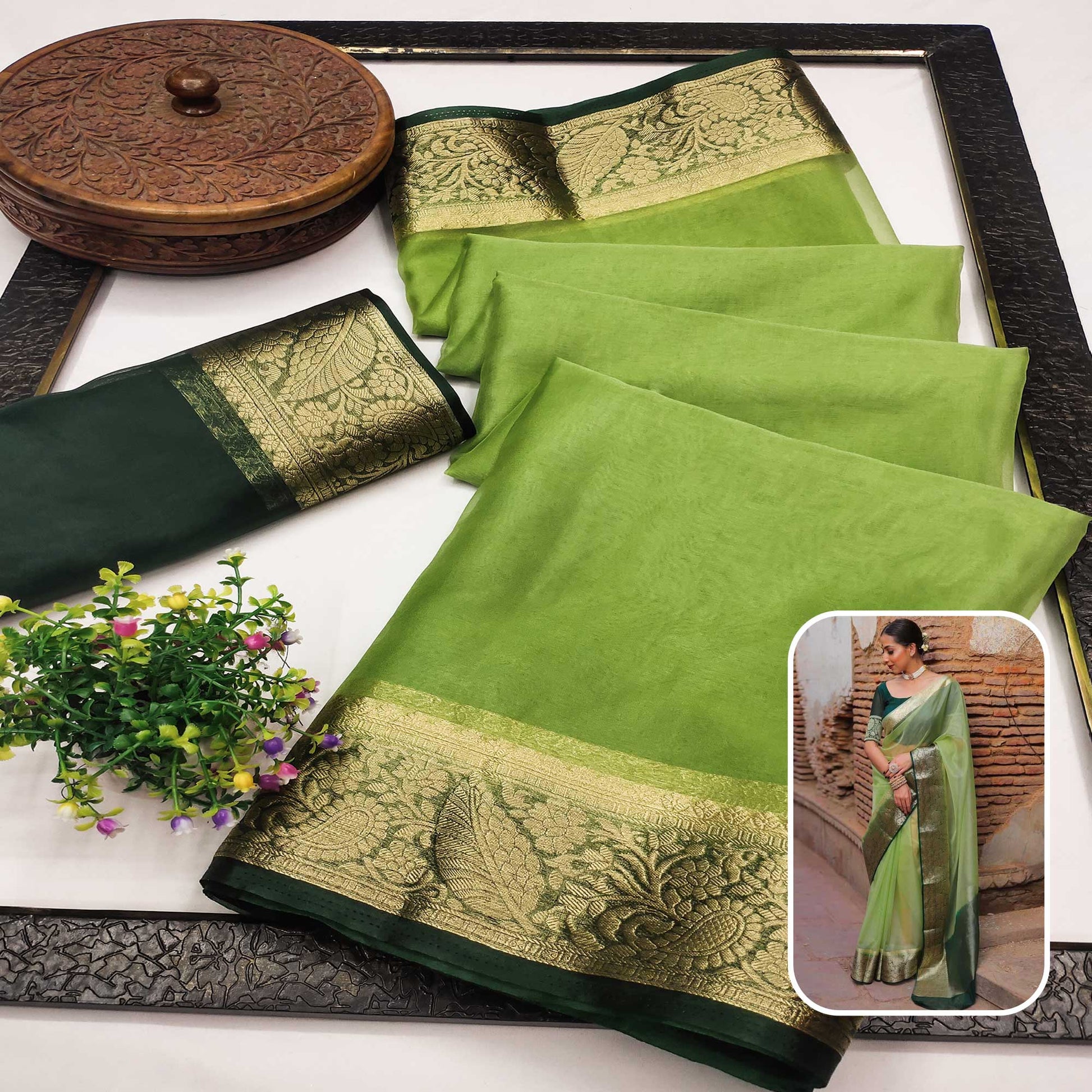 green-solid-organza-saree-with-zari-border