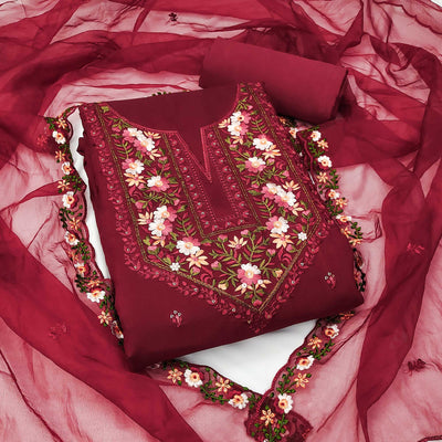 Maroon Floral Embroidered Viscose Dress Material