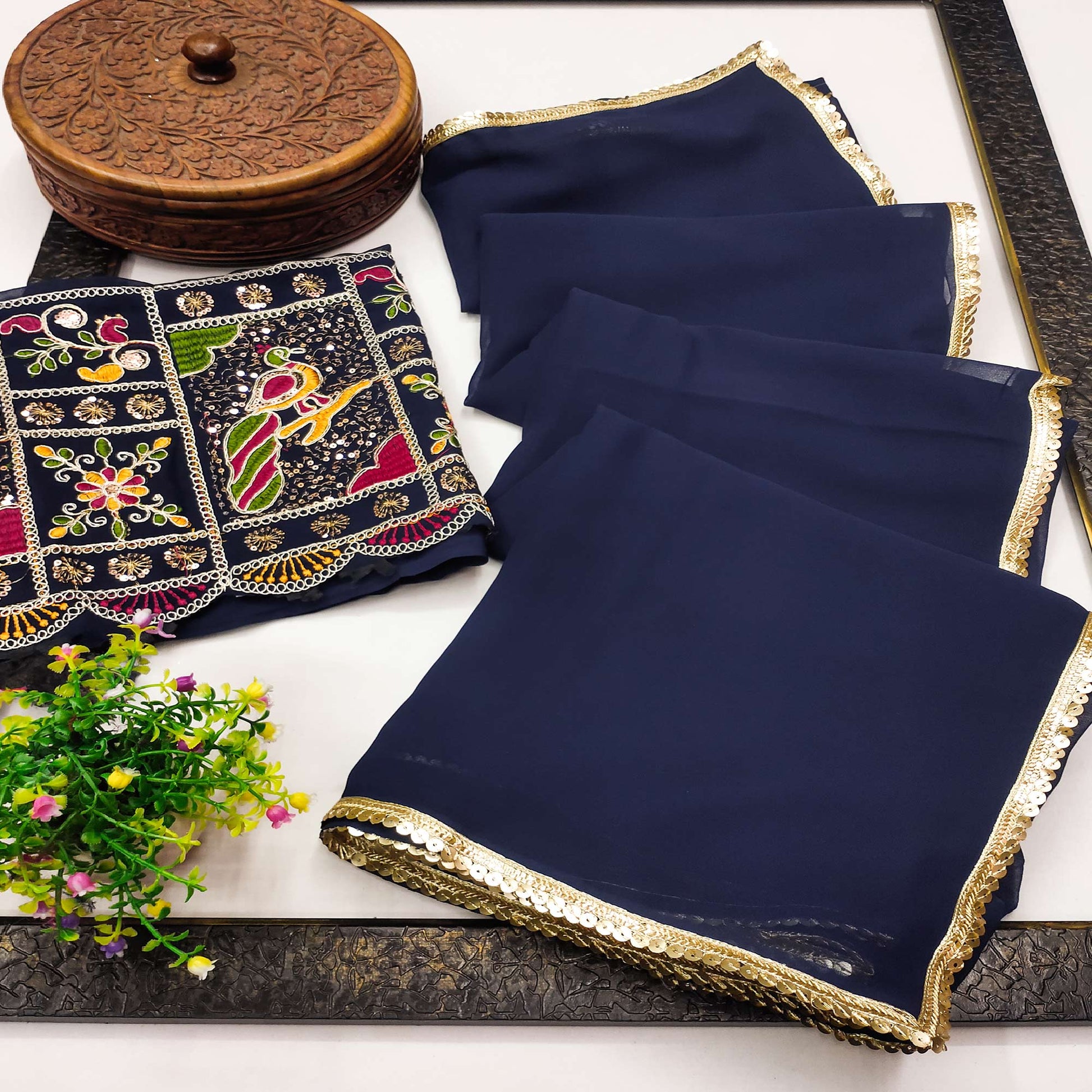Blue Solid Georgette Saree With Sequins Border