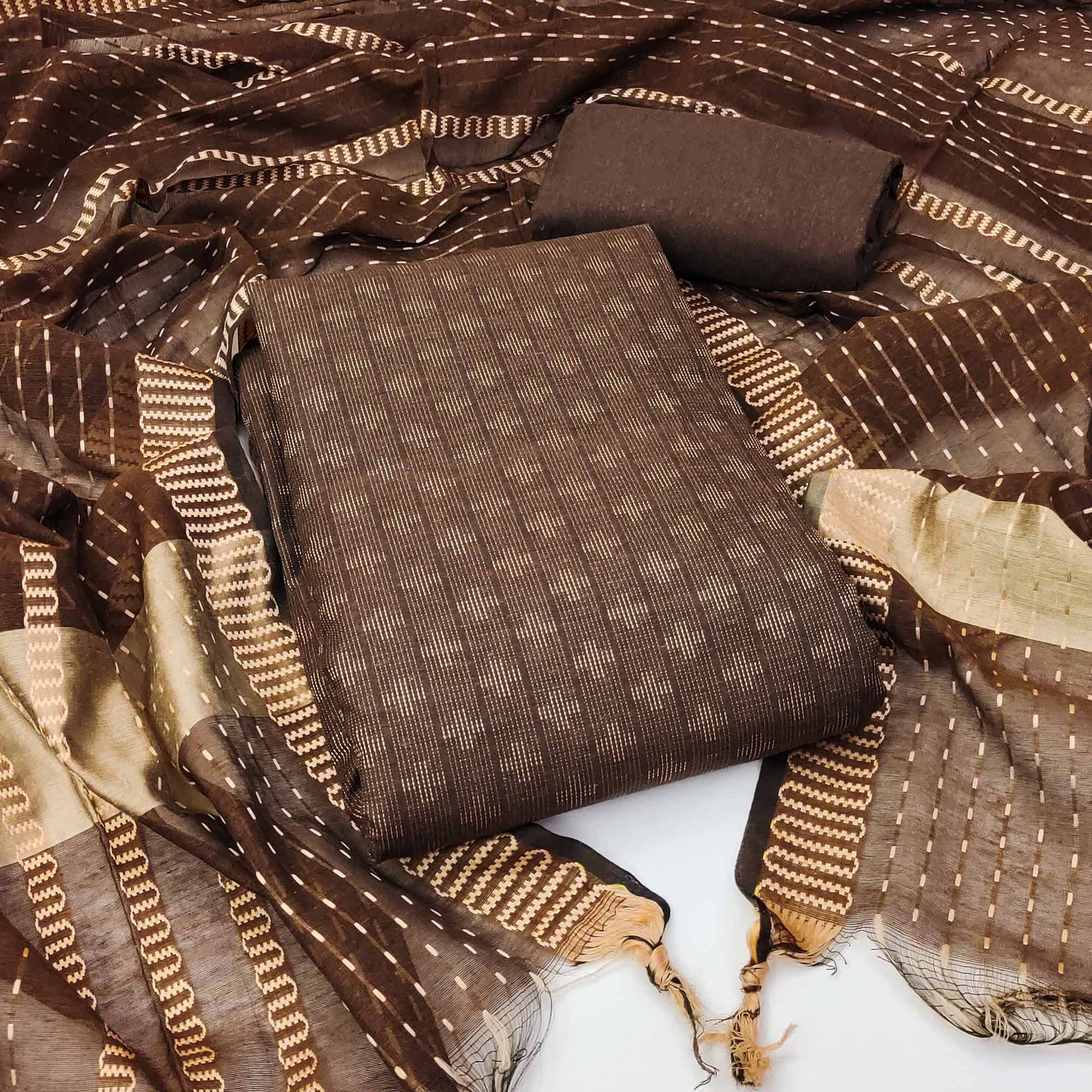 Brown Woven Pure Cotton Dress Material