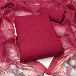 Dark Pink Embroidered Kota Doria Dress Material