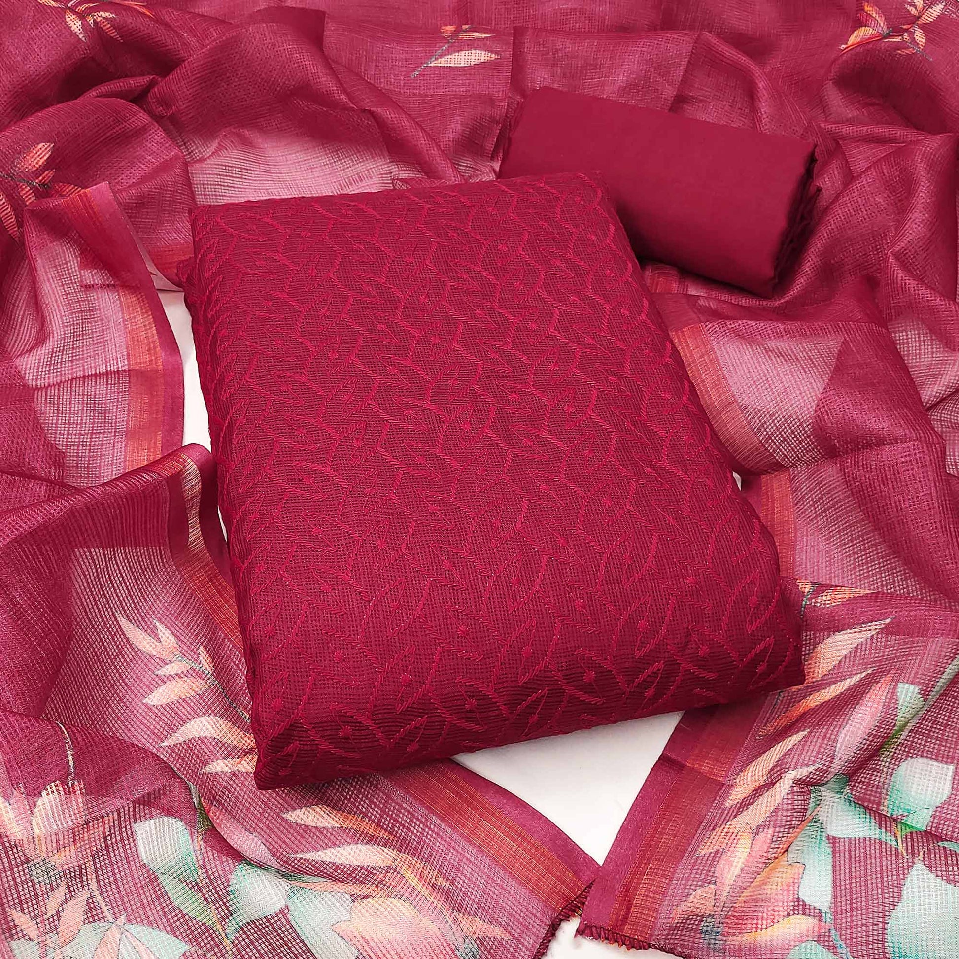 Dark Pink Embroidered Kota Doria Dress Material