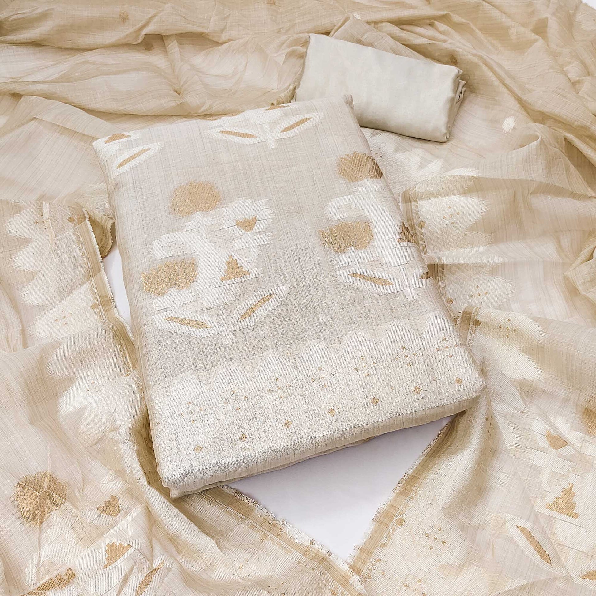 Cream Floral Woven Banarasi Silk Dress Material