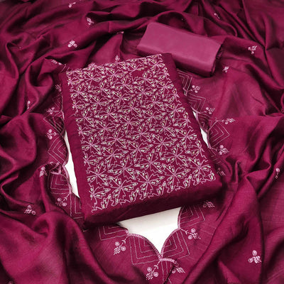 Dark Magenta Sequins Embroidered Vichitra Silk Dress Material