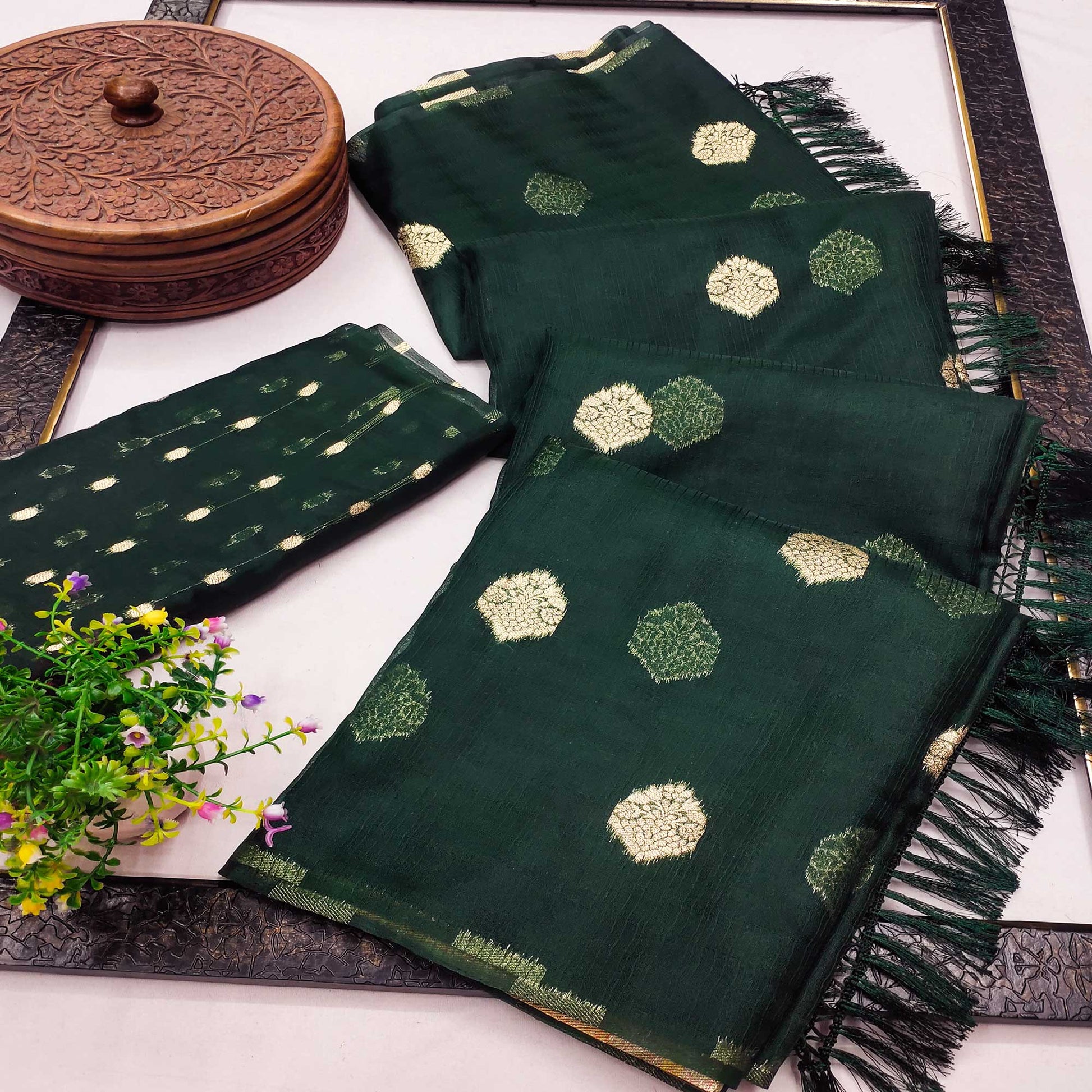 green-floral-woven-organza-saree-with-tassels-9