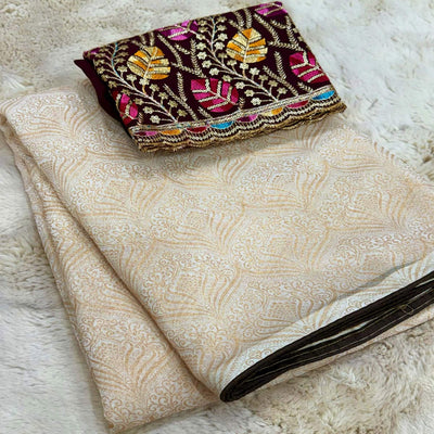 Cream Floral Printed Georgette Saree