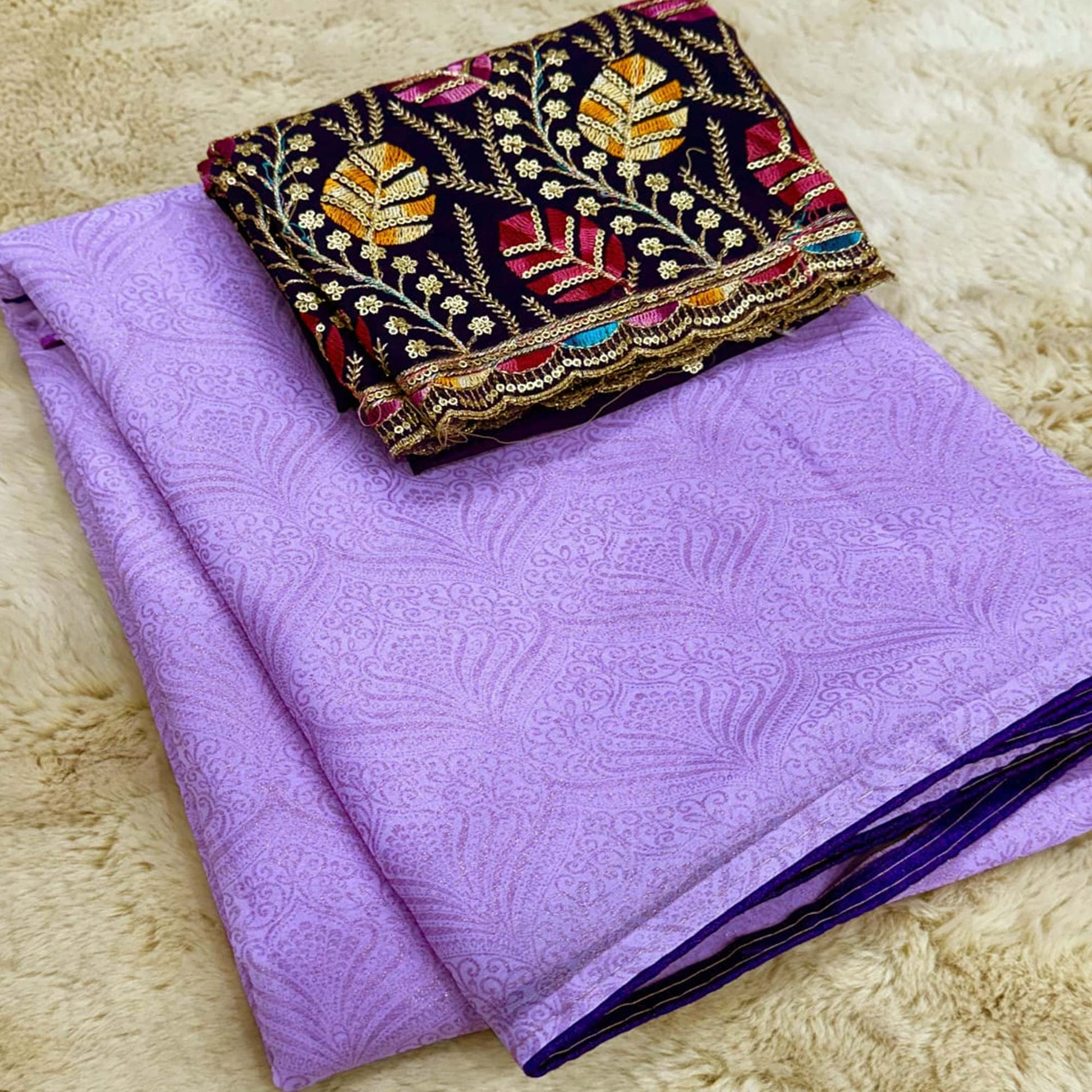 Lavender Floral Printed Georgette Saree