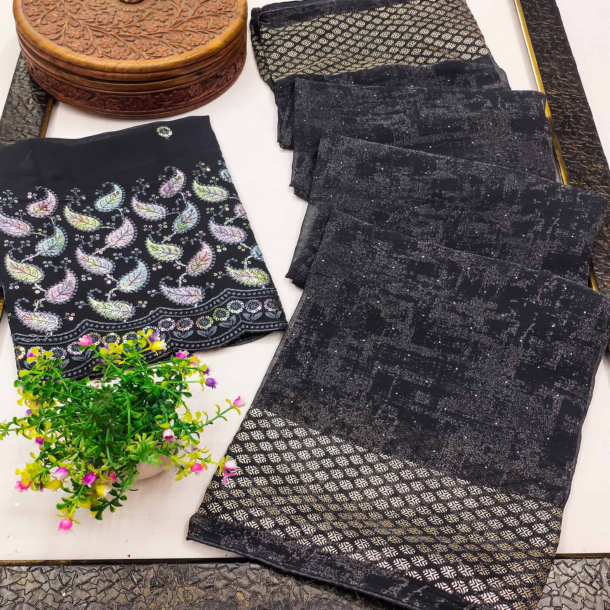 Dark Grey Abstract Printed Georgette Saree