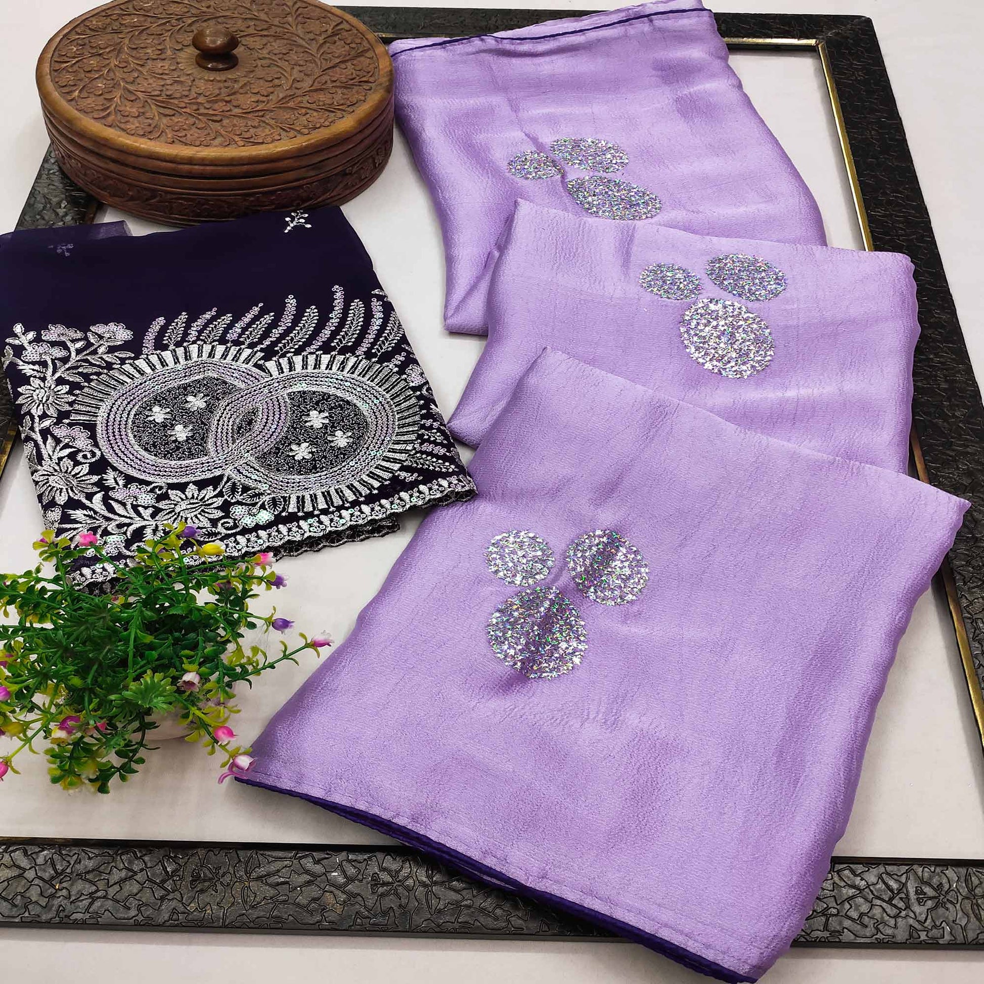 Lavender Mirror Work Embroidered Chiffon Saree