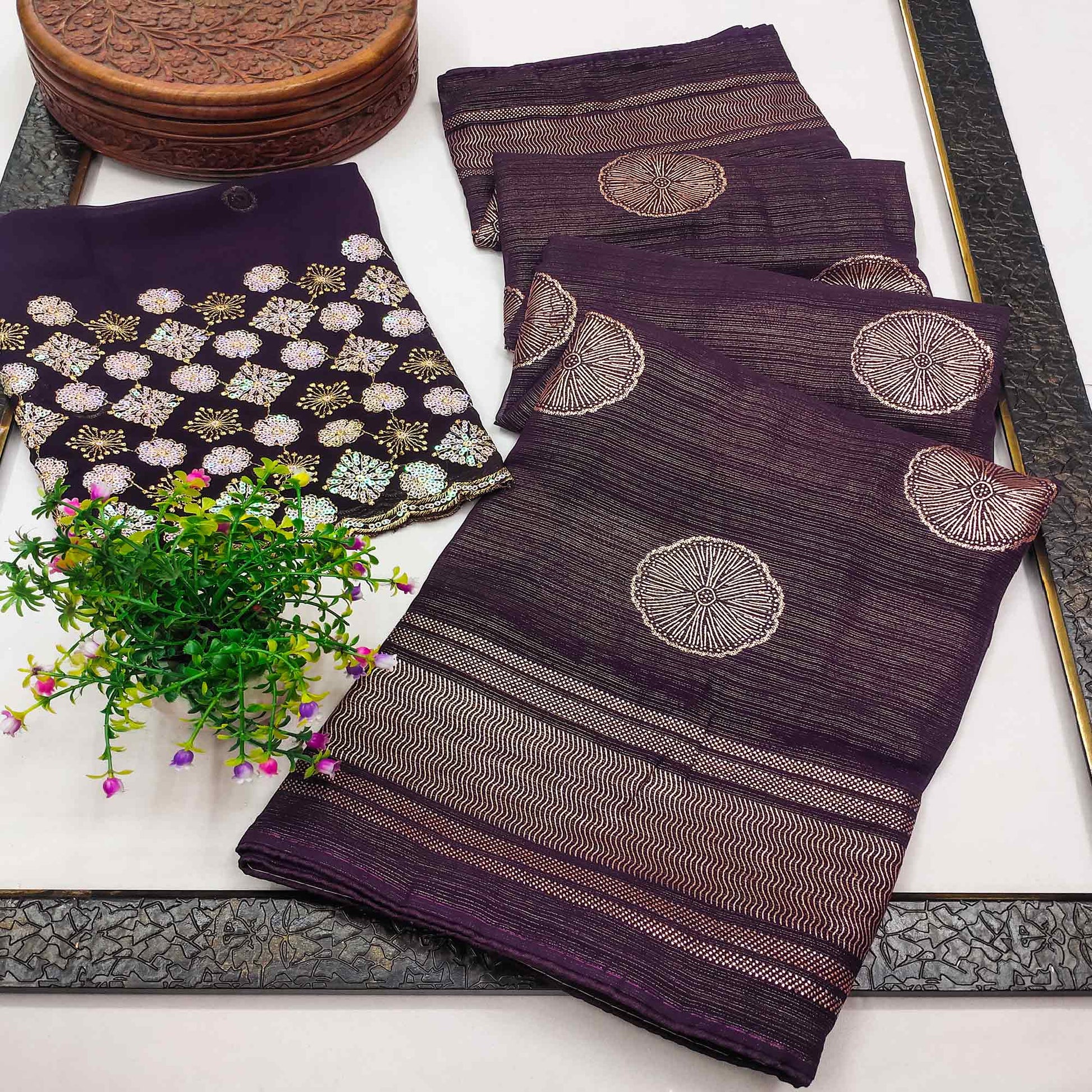 Dark Purple Foil Printed Georgette Saree