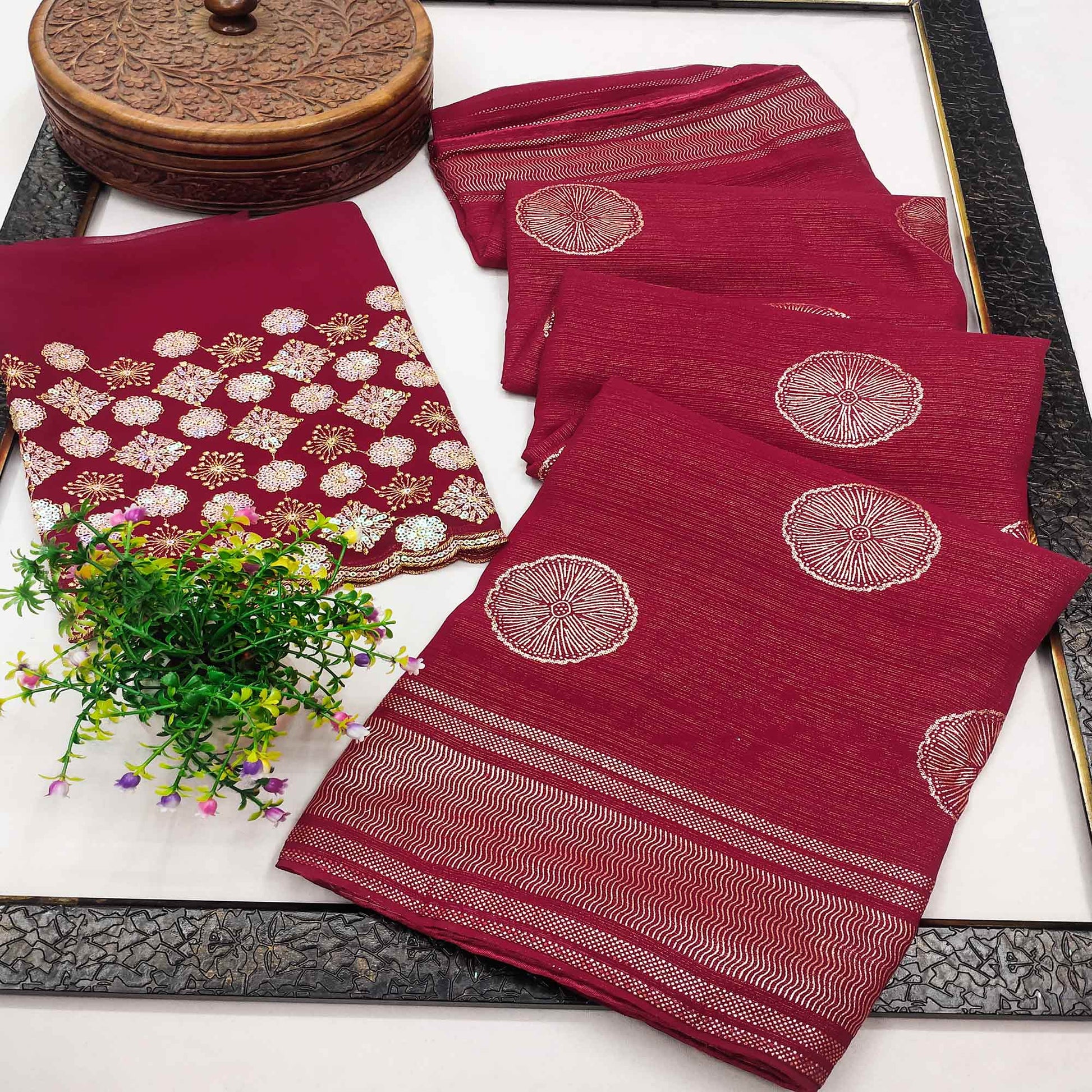 Maroon Foil Printed Georgette Saree