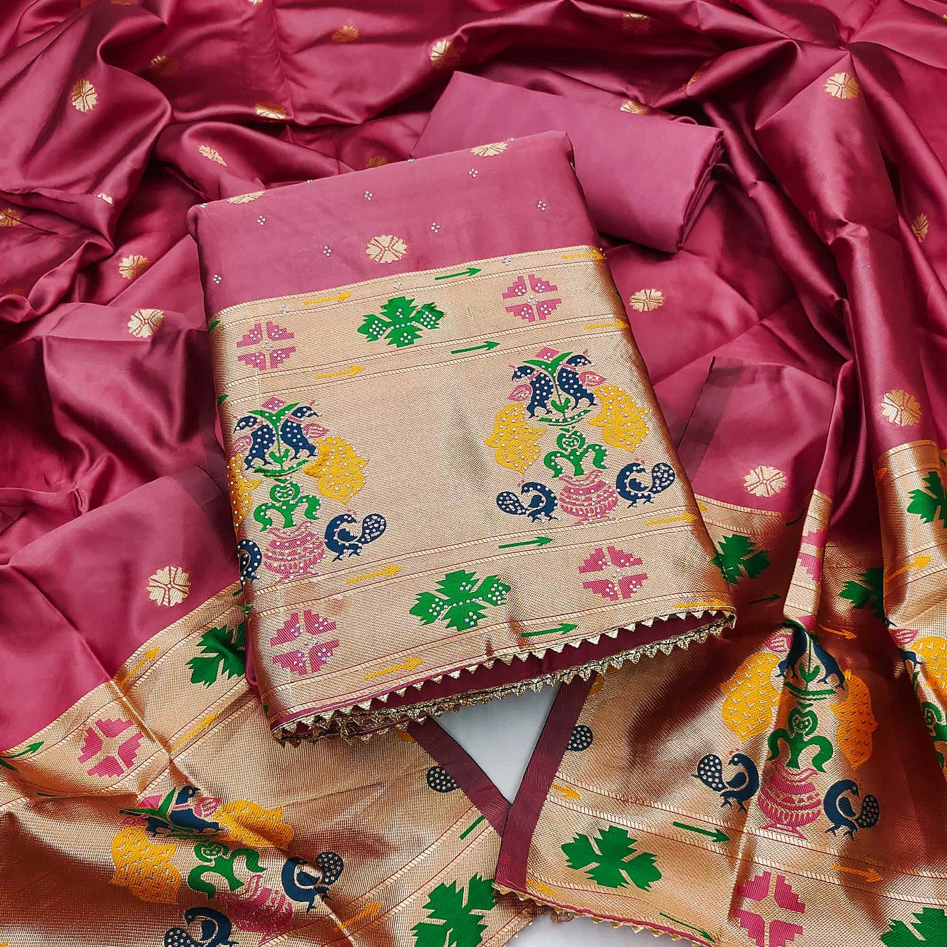 Gajari Pink Floral Woven With Swarovski Work Banarasi Silk Dress Material