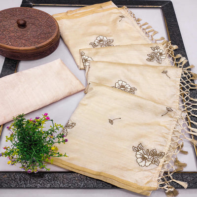 Cream Floral Embroidered Art Silk Saree