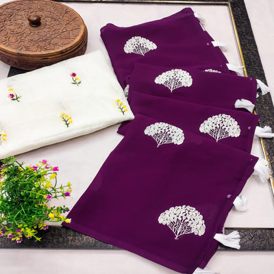 Dark Purple Thread Embroidered Georgette Saree With Tassels