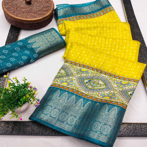 Lemon Yellow Madhubani Work Woven Dola Silk Saree