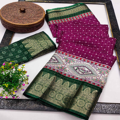 Magenta Madhubani Work Woven Dola Silk Saree