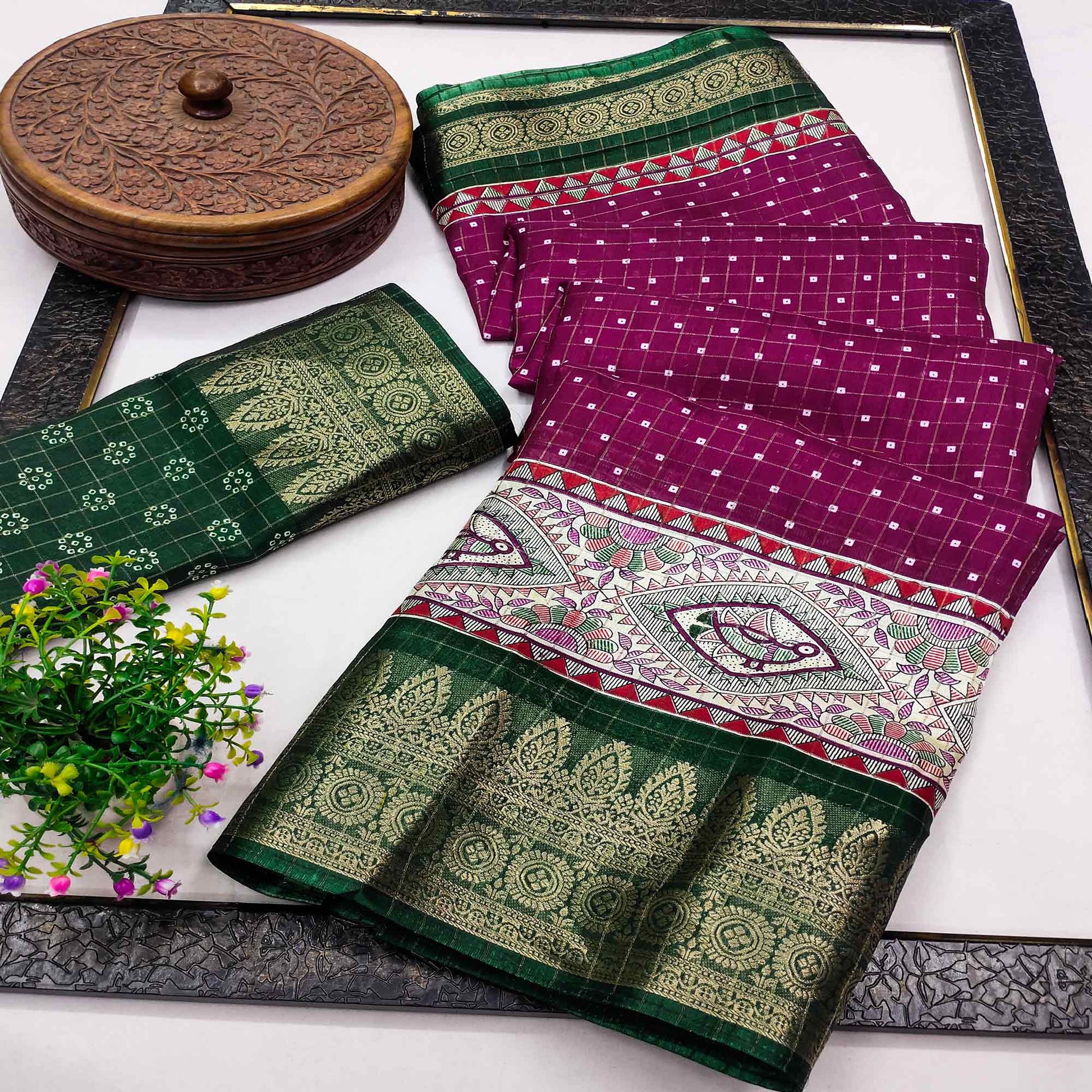Magenta Madhubani Work Woven Dola Silk Saree