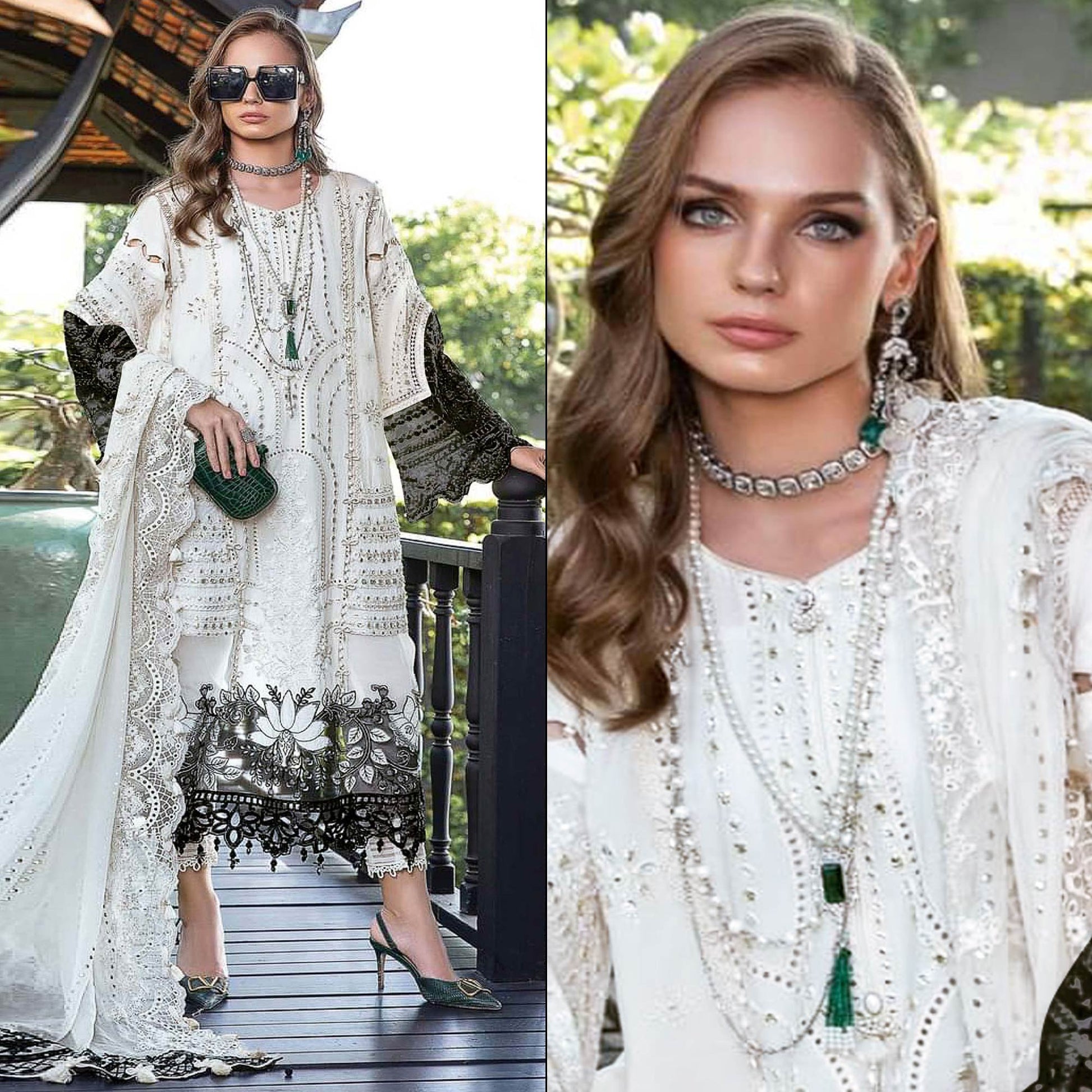 Cream Floral Embroidered Georgette Semi Stitched Pakistani Suit