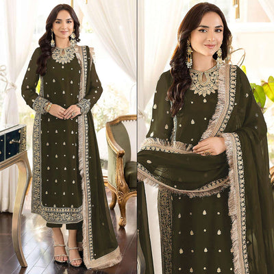 Mehendi Green Floral Embroidered Georgette Semi Stitched Pakistani Suit