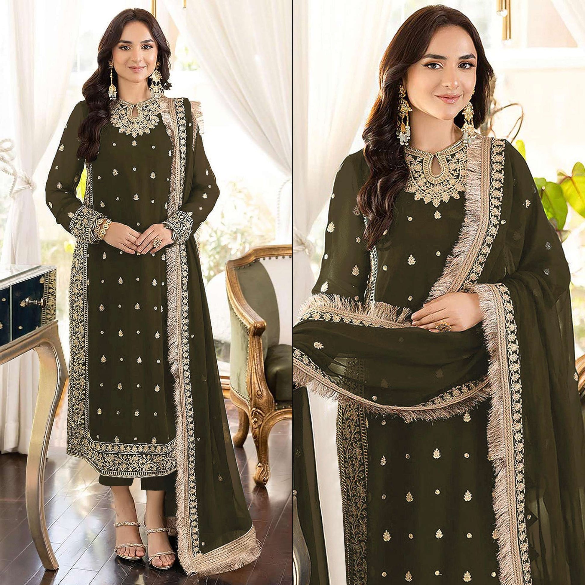 Mehendi Green Floral Embroidered Georgette Semi Stitched Pakistani Suit