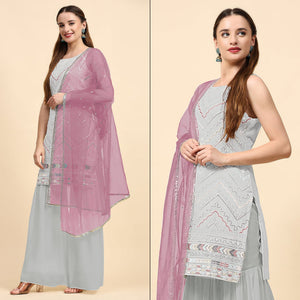Grey Sequins Embroidered Georgette Semi Stitched Suit