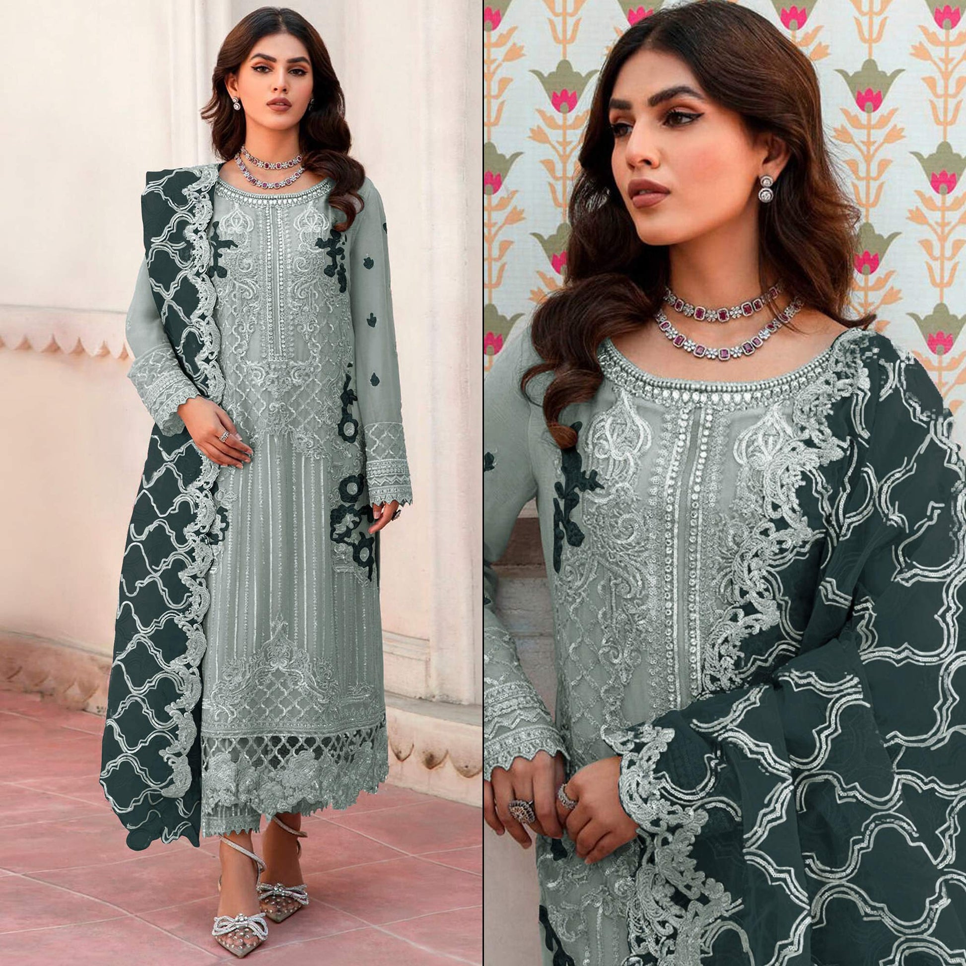 green-floral-embroidered-organza-semi-stitched-pakistani-suit