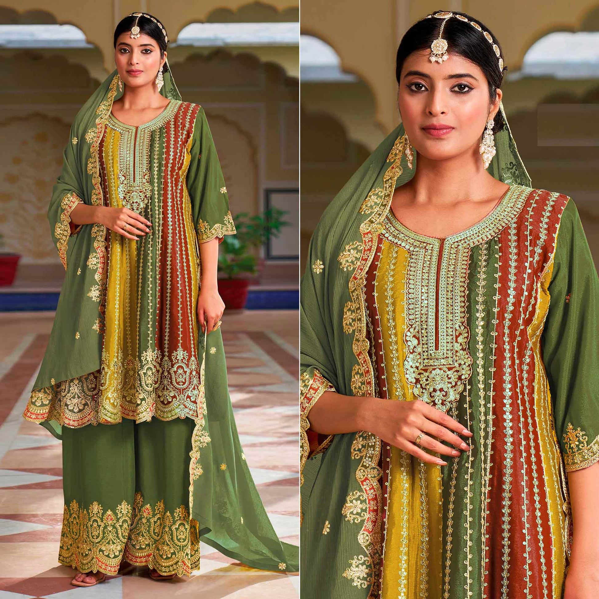 green-sequins-embroidered-chinon-semi-stitched-dress-material