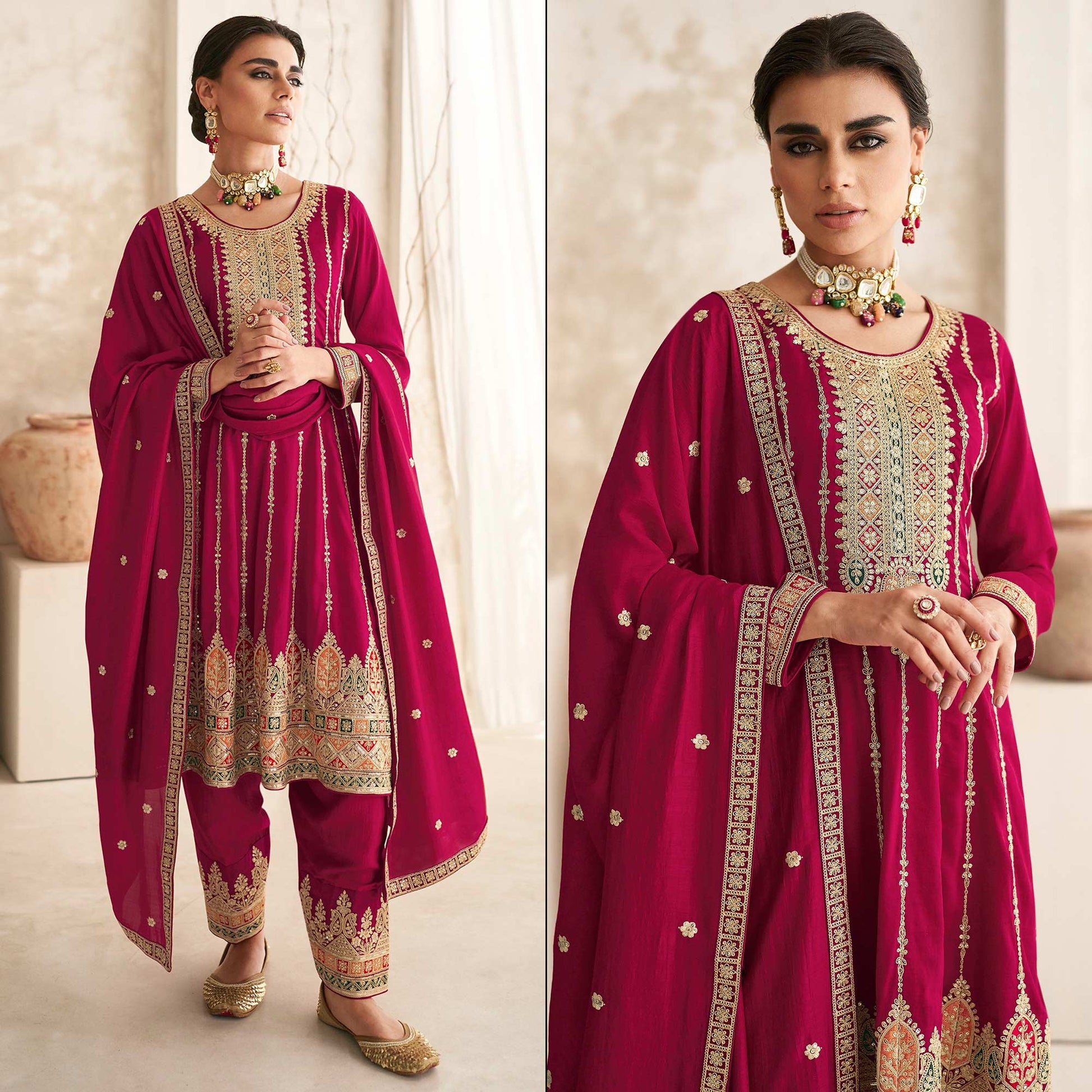 Magenta Sequins Embroidered Georgette Semi Stitched Anarkali Suit