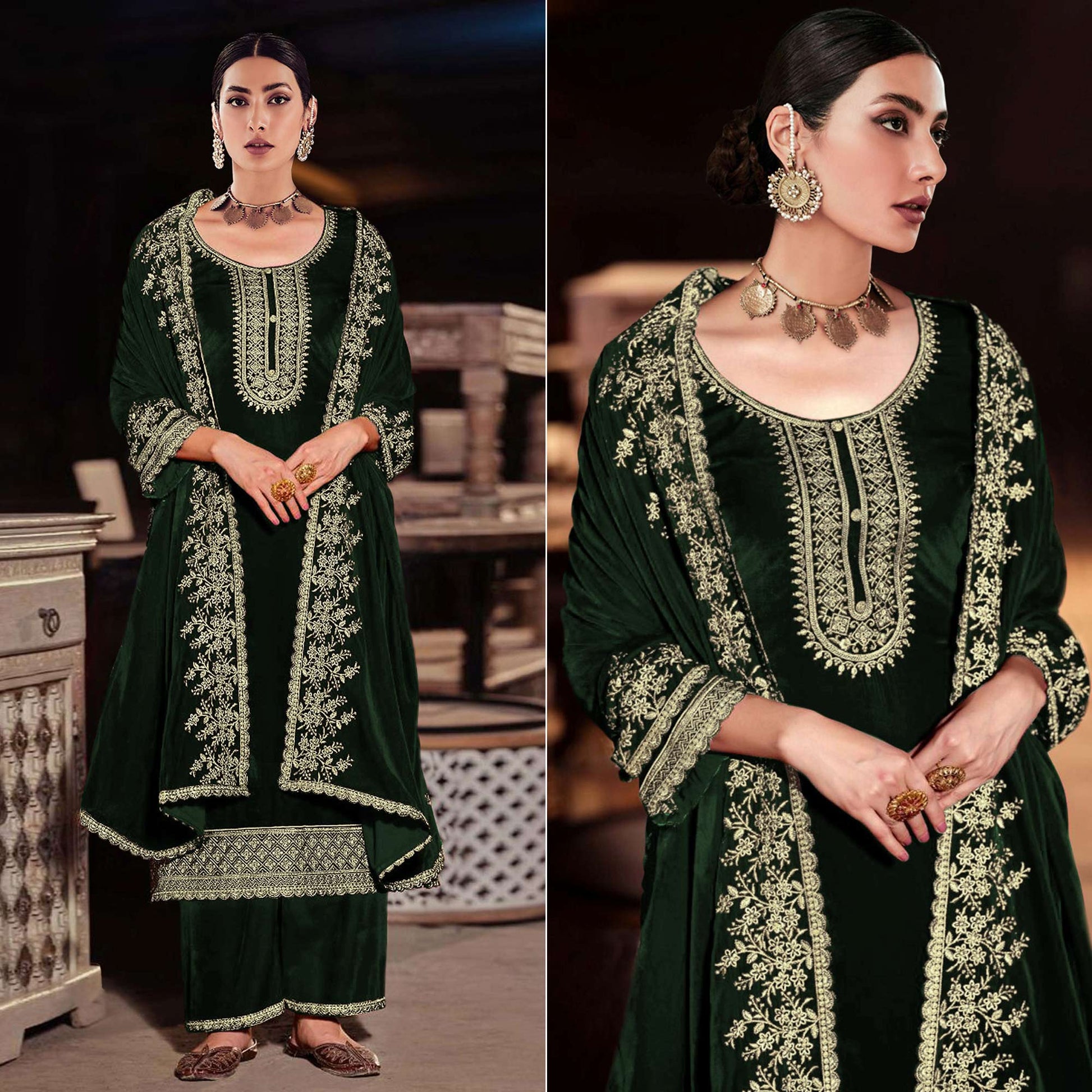 green-floral-embroidered-velvet-semi-stitched-suit