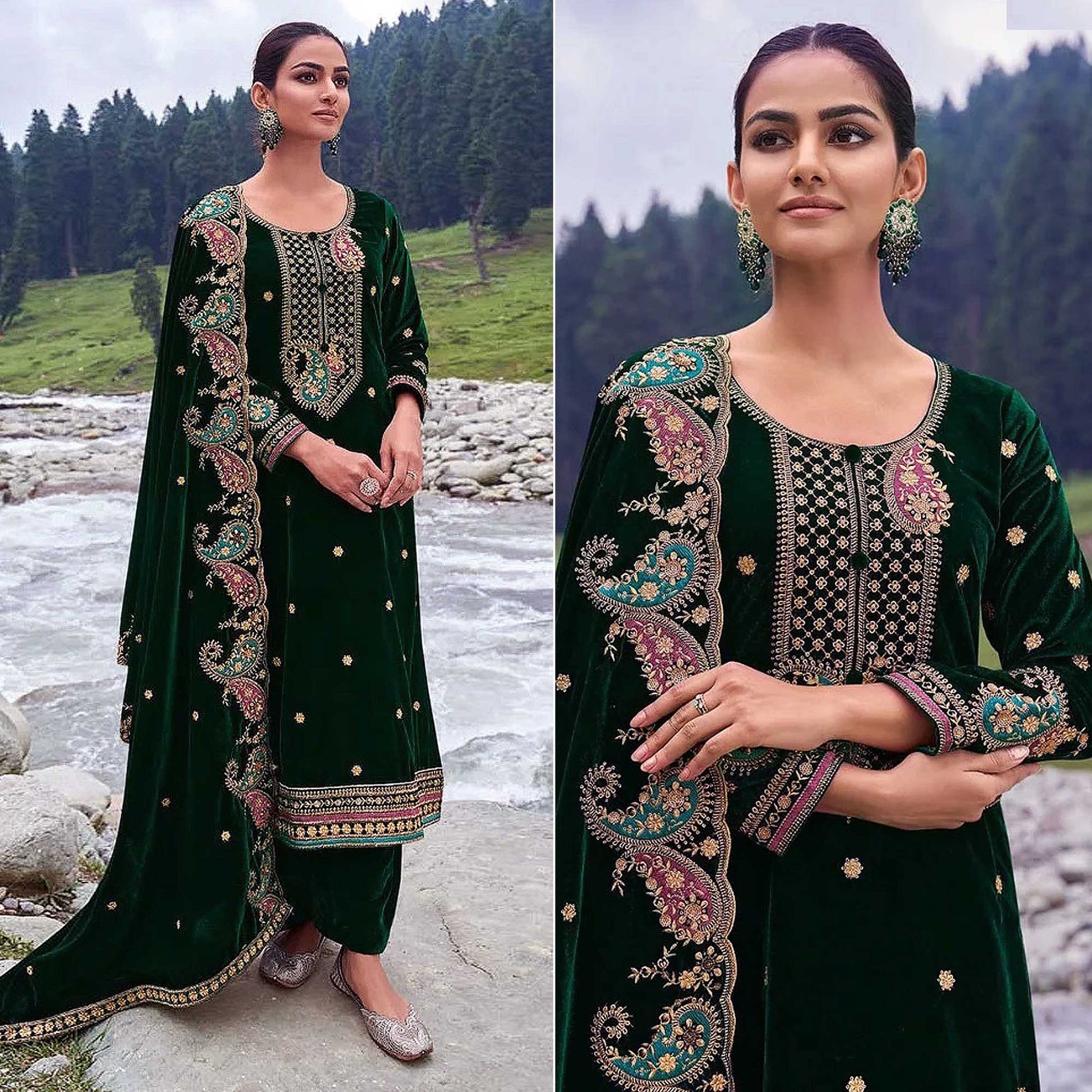 green-floral-embroidered-velvet-semi-stitched-salwar-suit
