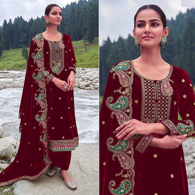 Maroon Floral Embroidered Velvet Semi Stitched Salwar Suit