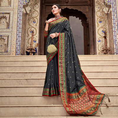 Grey Woven Pure Silk Saree With With Tassels