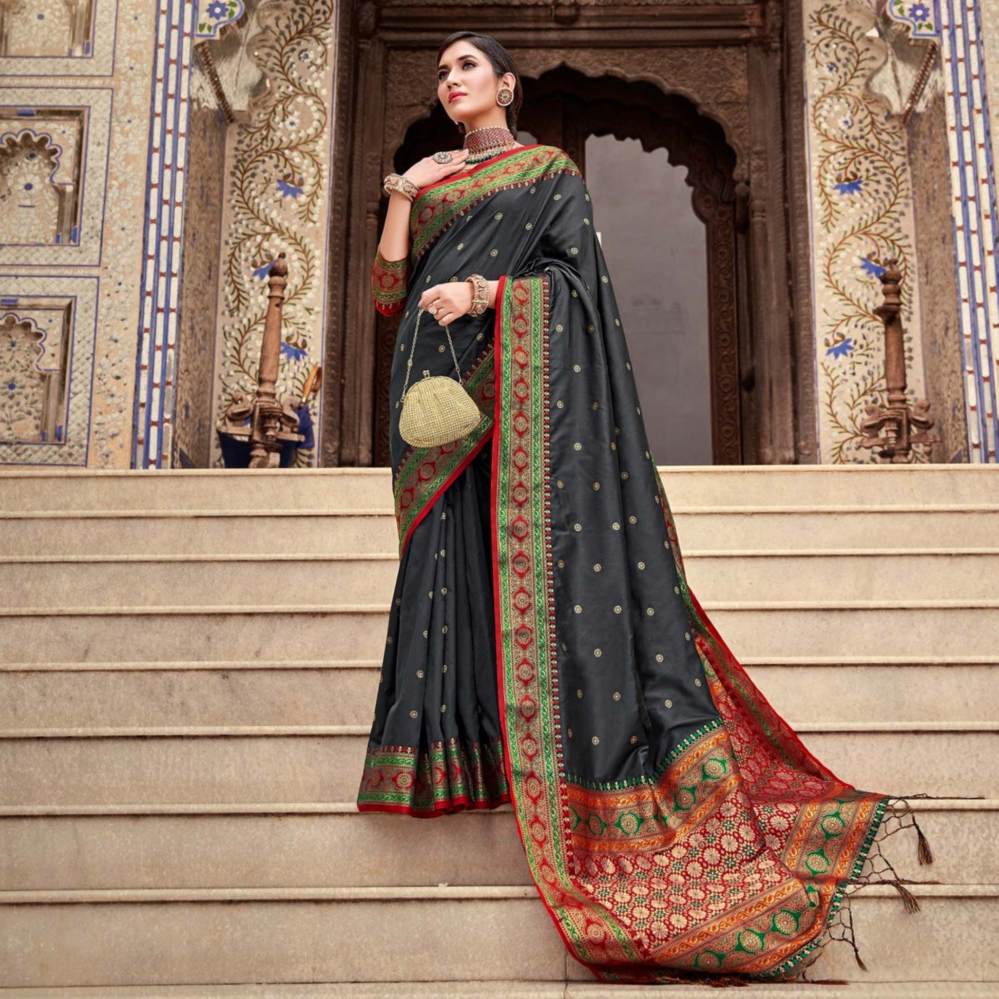 Grey Woven Pure Silk Saree With With Tassels