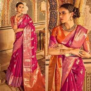 Magenta Pink Floral Woven Tussar Silk Saree