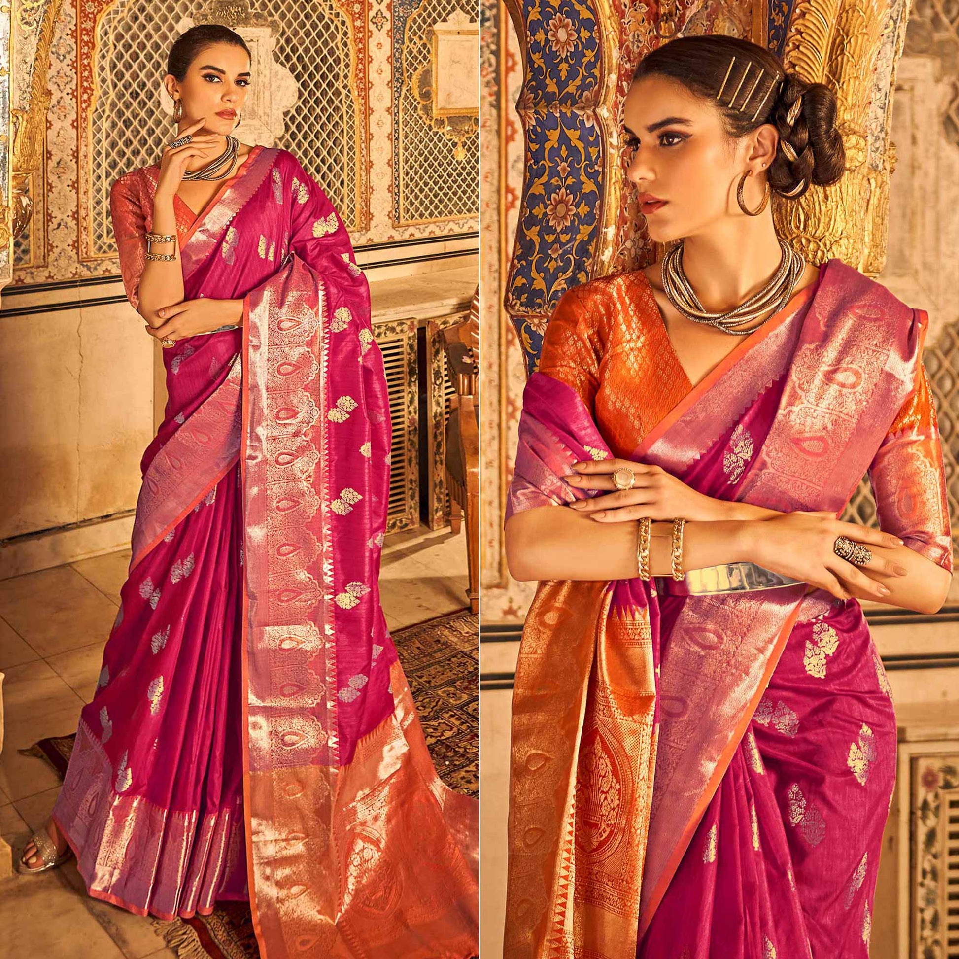 Magenta Pink Floral Woven Tussar Silk Saree