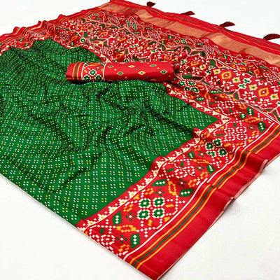 green-patola-printed-tussar-silk-saree-with-tassels