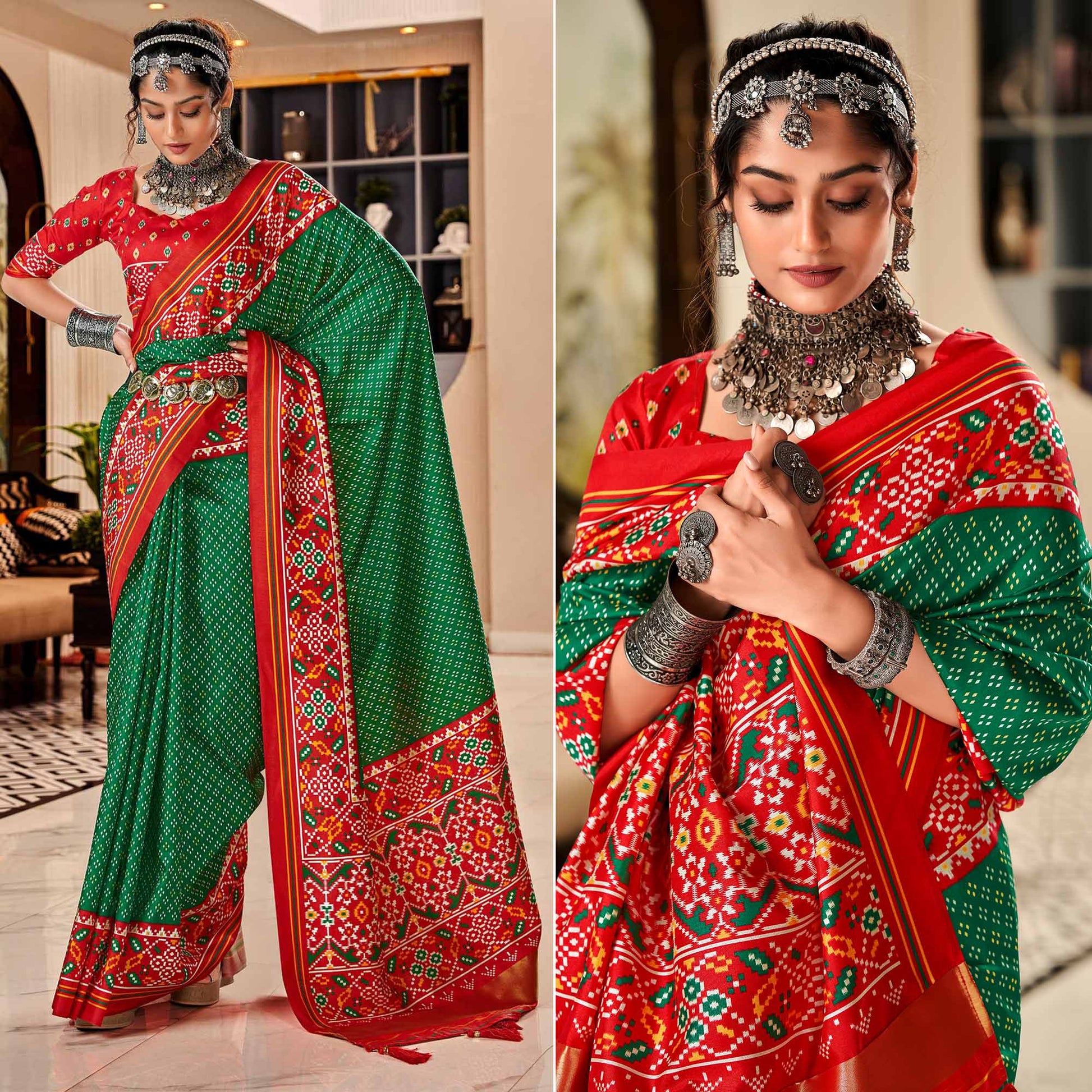 green-red-patola-printed-tussar-silk-saree