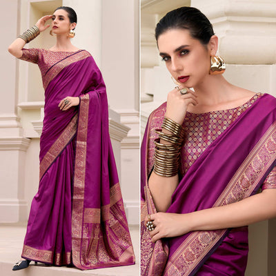 Magenta Woven Banarasi Silk Saree With Zari Border