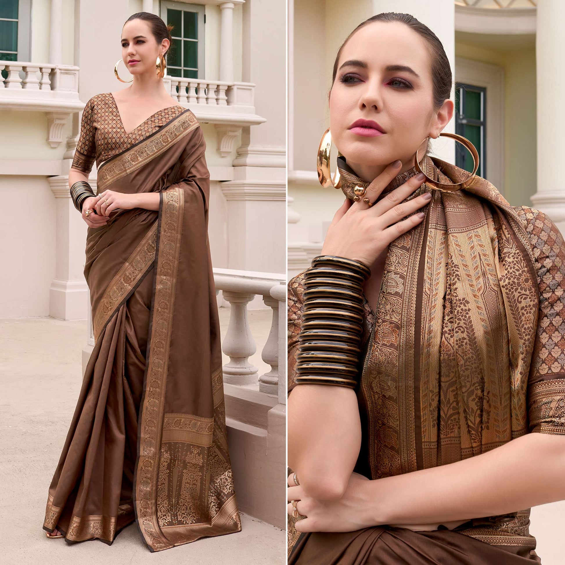 Brown Woven Banarasi Silk Saree With Zari Border