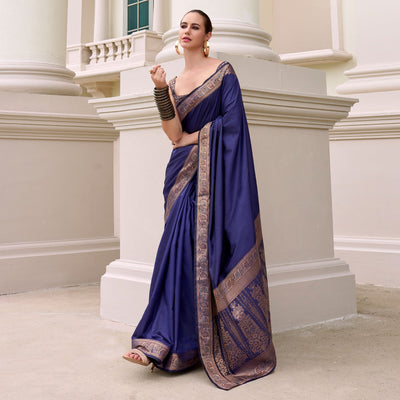 Blue Woven Banarasi Silk Saree With Zari Border