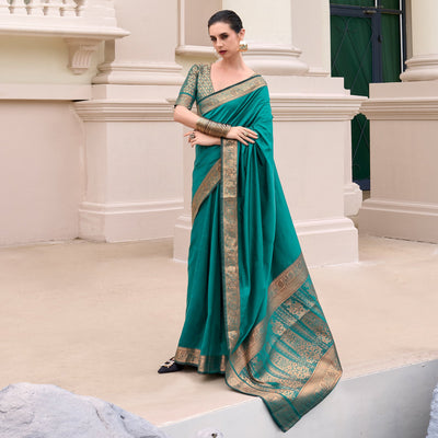 Morpich Green Woven Banarasi Silk Saree With Zari Border