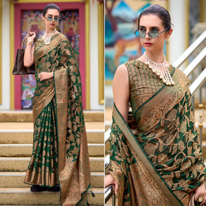 Dark Green Floral Motifs Woven Organza Saree