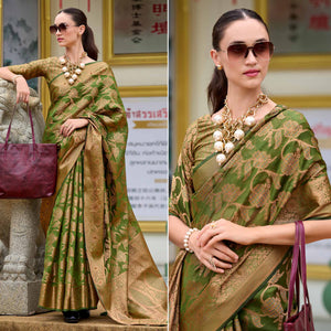 Mehandi Green Floral Motifs Woven Organza Saree