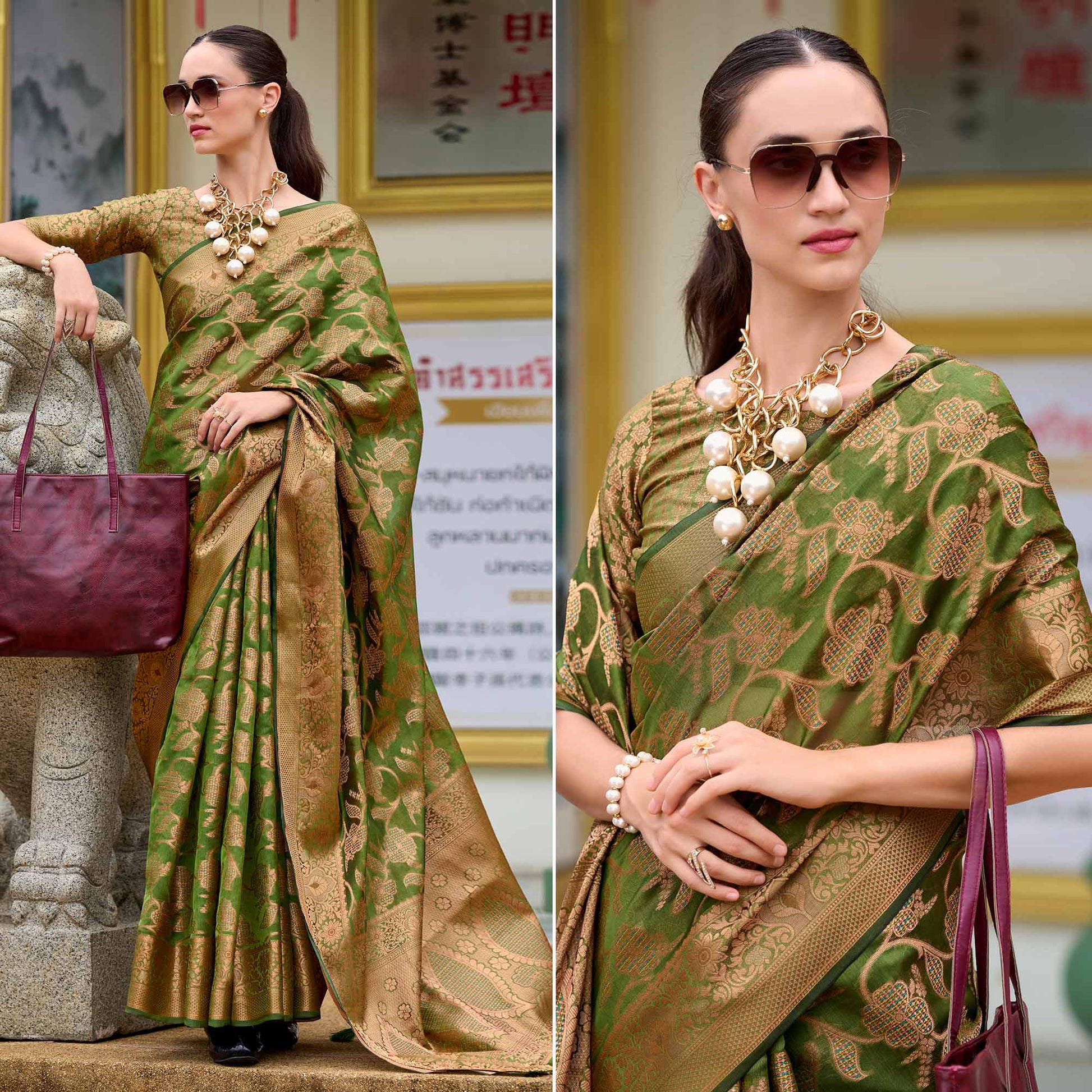 Mehandi Green Floral Motifs Woven Organza Saree