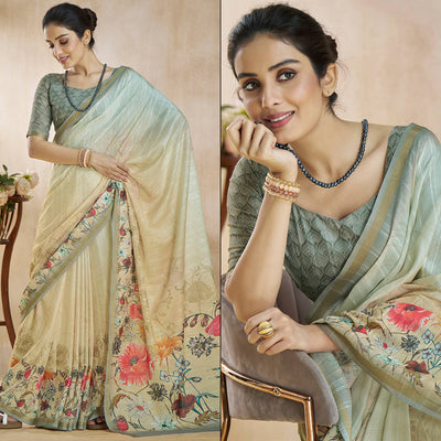 Cream Floral Digital Printed Pure Silk Saree