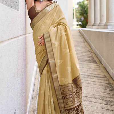 Cream Ikkat Woven Rayon Silk Saree
