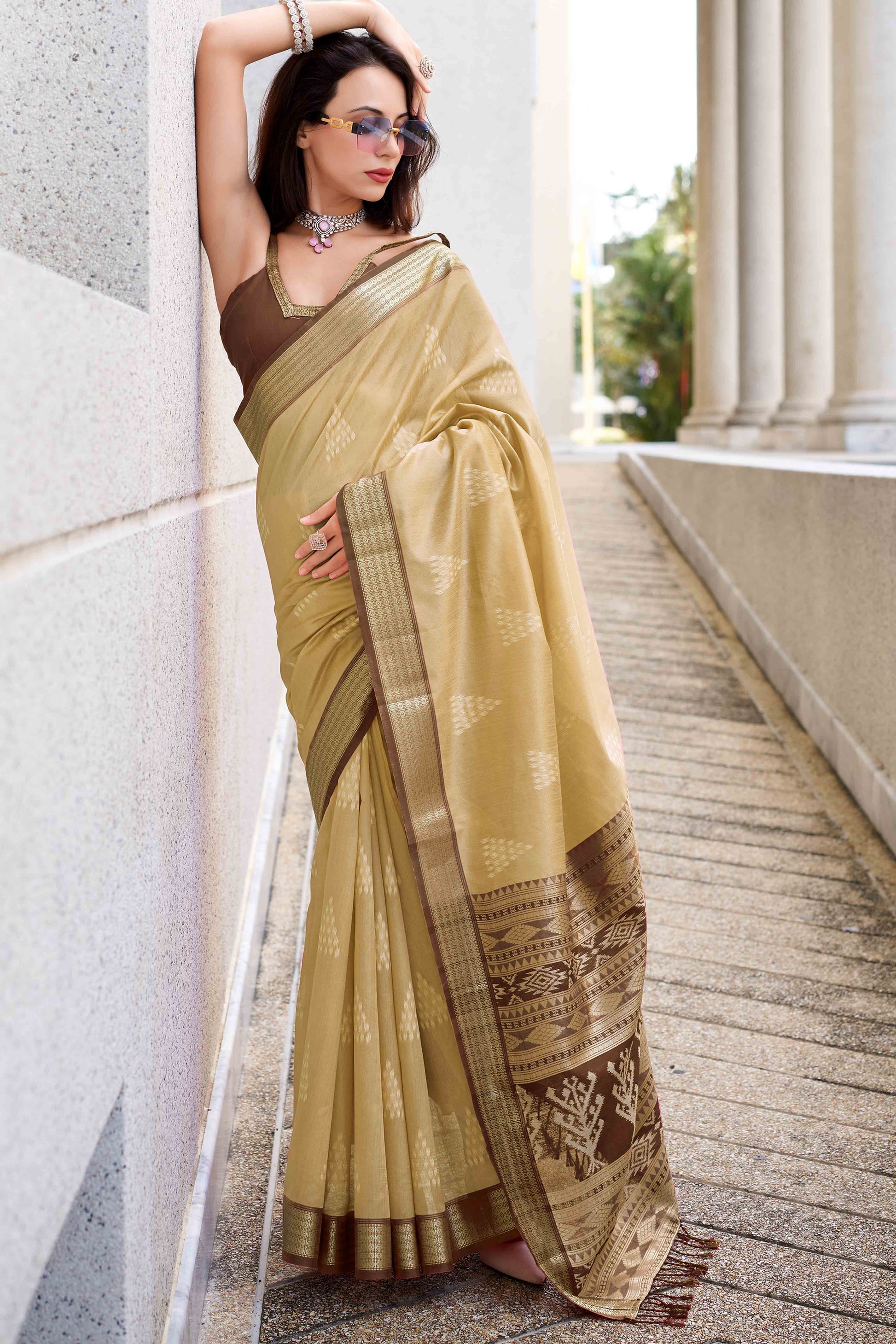 Cream Ikkat Woven Rayon Silk Saree